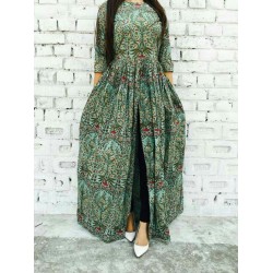 Green Block Print Cotton Stitched Kurti